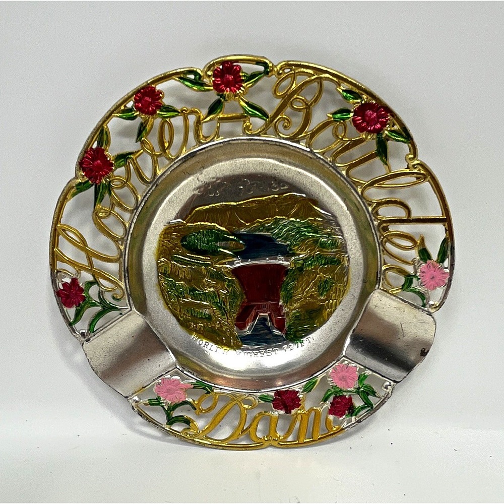Hoover Boulder Dam Souvenir Enamel Ashtray w/ Floral Design, Made in Japan